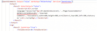 Logs showing the value of the string being passed as a parameter to the OpenWindow event in js