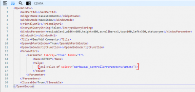 The OpenWindow service XML with a parameter GDTXKY passing a string to another widget.